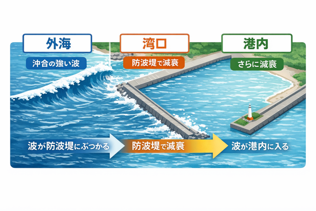 波・漁港・防波堤・減衰構造モデル