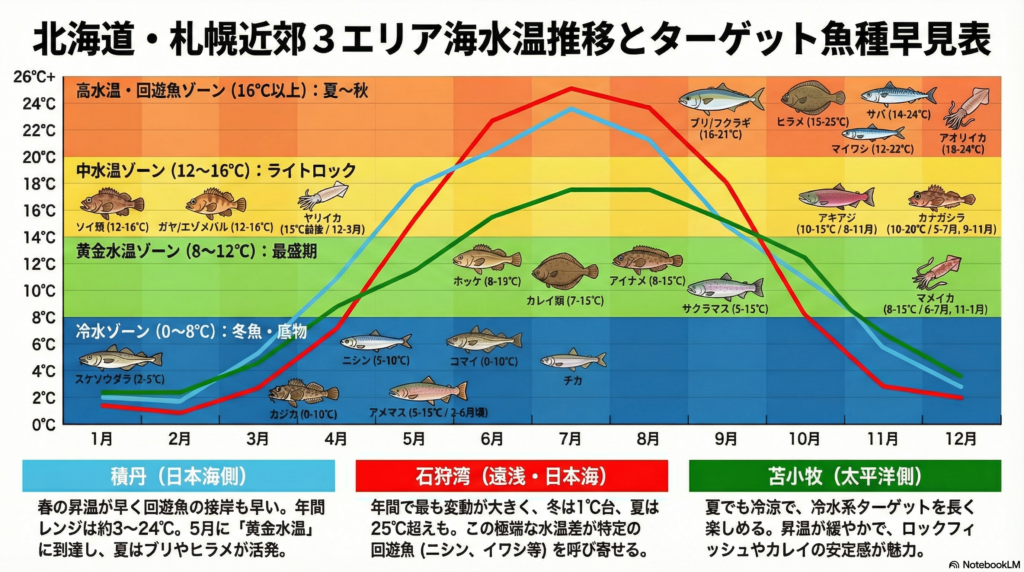 北海道　札幌近郊　苫小牧　積丹　石狩　海水温　魚種　早見表