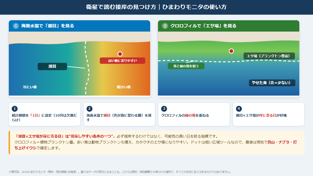 ひまわりモニタ 使い方 潮目 クロロフィル カタクチイワシ 接岸 見つけ方
