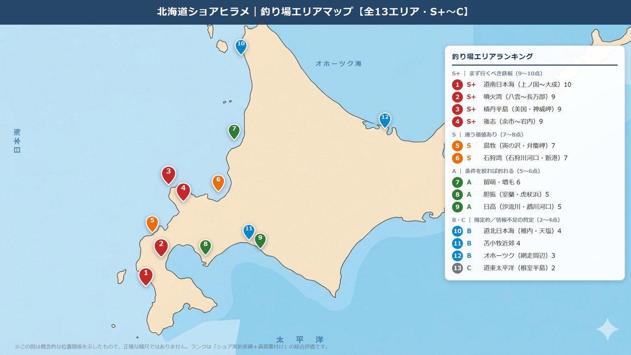 北海道 ショアヒラメ 釣り場エリアマップ 全13エリア ランク S+〜C