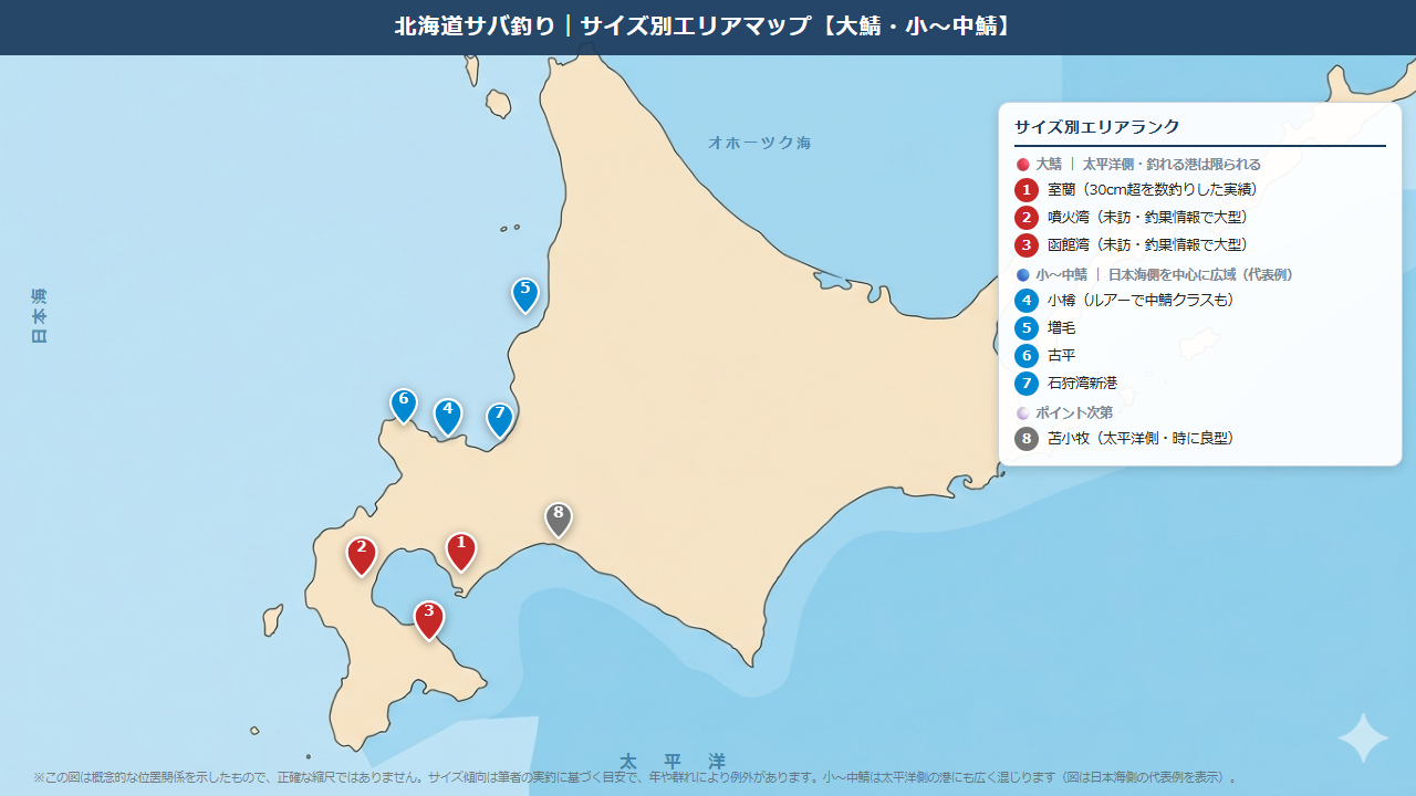 北海道 サバ サイズ別 エリアマップ 大鯖 小中鯖 室蘭 噴火湾 函館湾 小樽 石狩湾